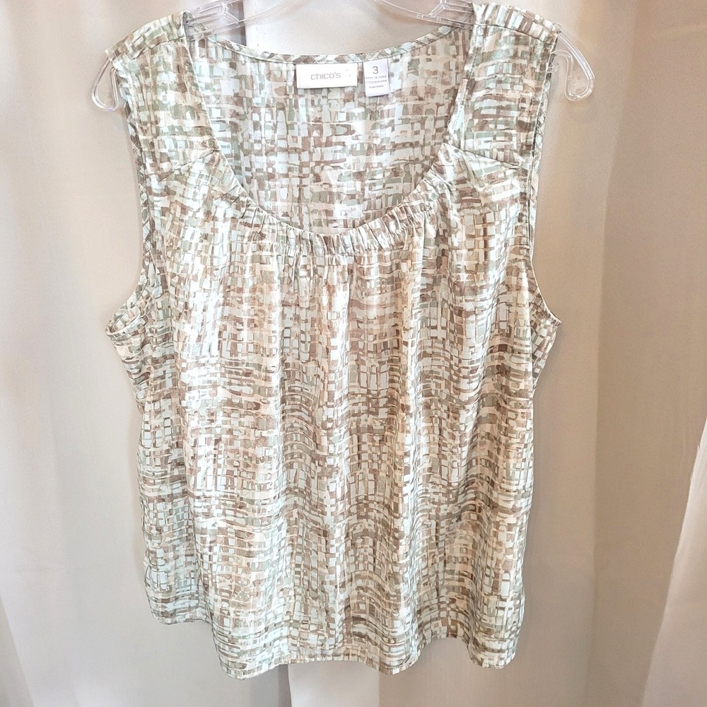 Chicos Womens Top XL Abstract Geometric Pleated Earthy Lagenlook Folk Boho 21799